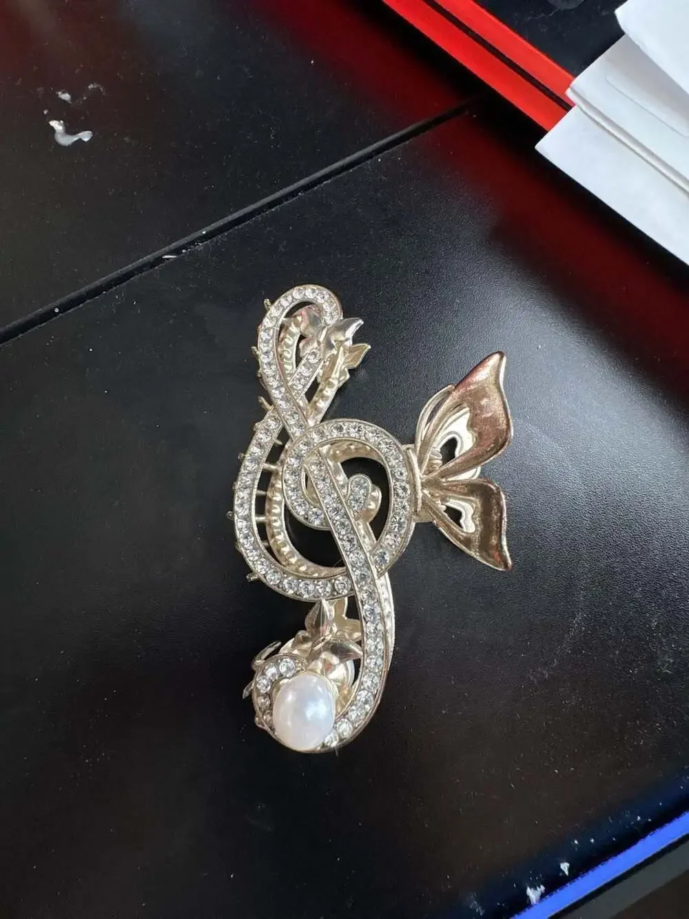 Treble Clef Music Note Hair Claw Clip with Rhinestones, Faux Pearl, and Butterfl